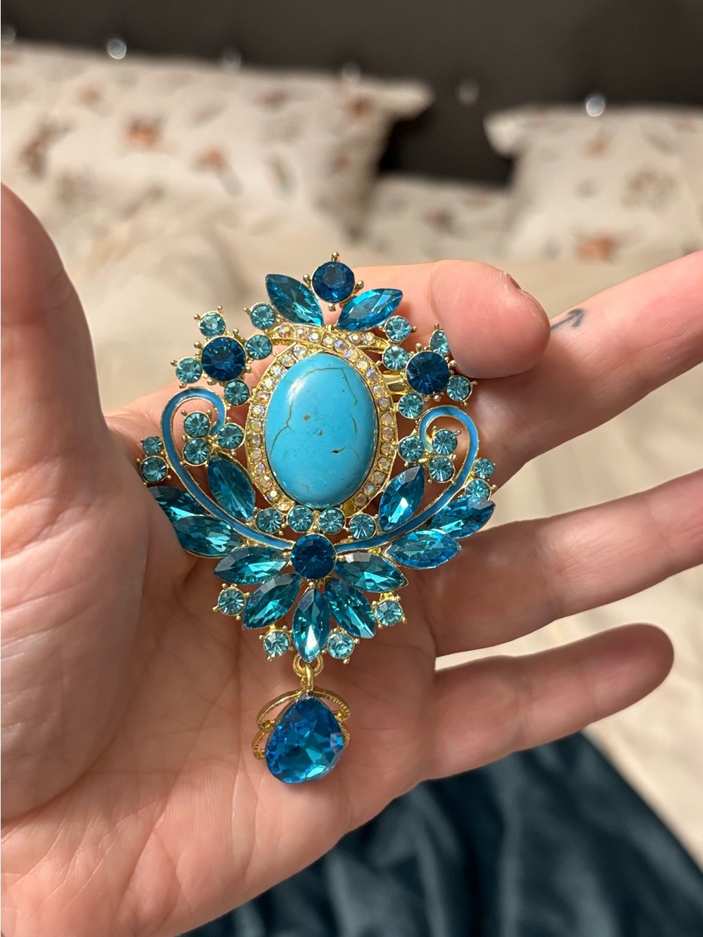 Aratta Gold-Tone Turquoise and Teal Crystal Floral Brooch